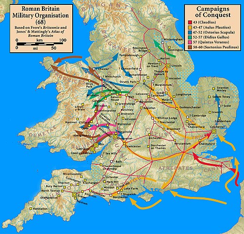 Map of Roman campaigns in Britain AD 43 to 60