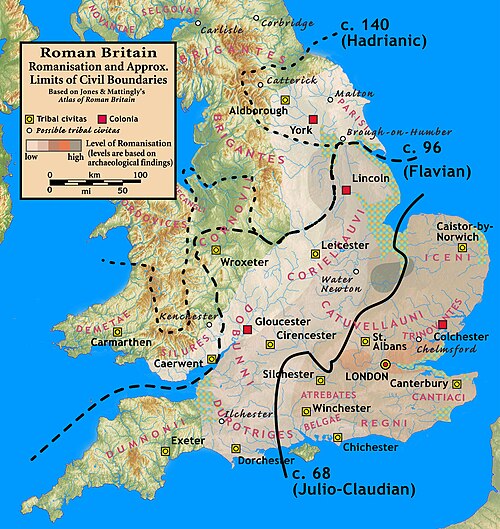 Map showing levels of Romanisation across Britain